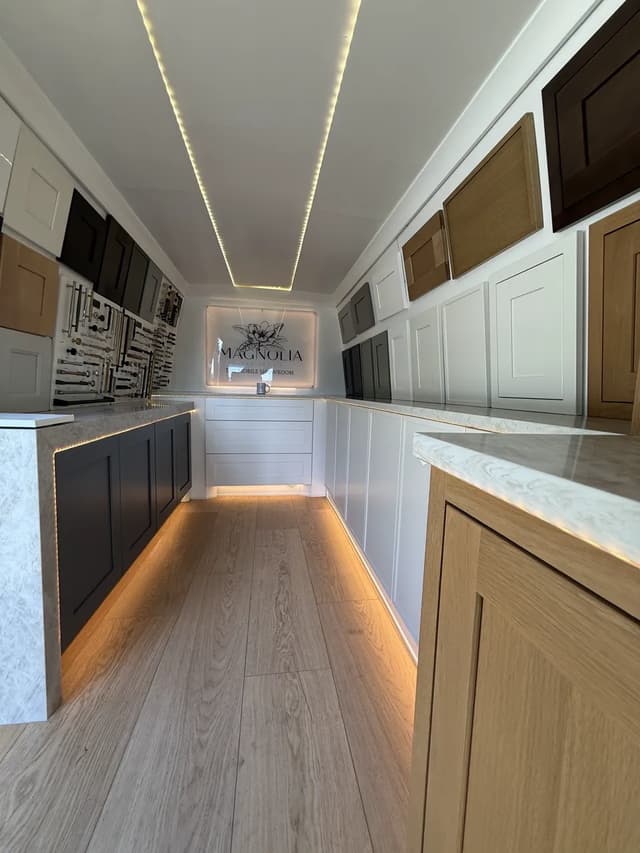 Cabinetry samples inside the Magnolia mobile showroom